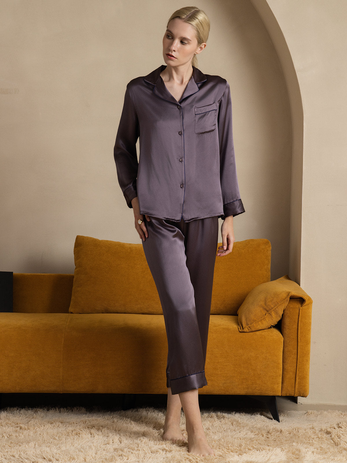 SilkSilky-UK Pure Silk Long Sleeve Lapel Women's Pyjamas PurpleGray 006