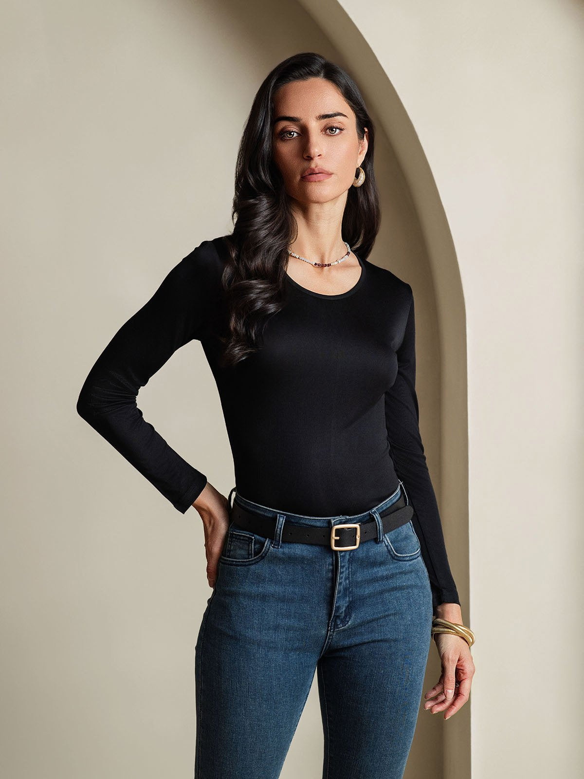 [Black] SilkSilky-UK Silk Long Sleeve Round Neck Women's T-Shirt 001