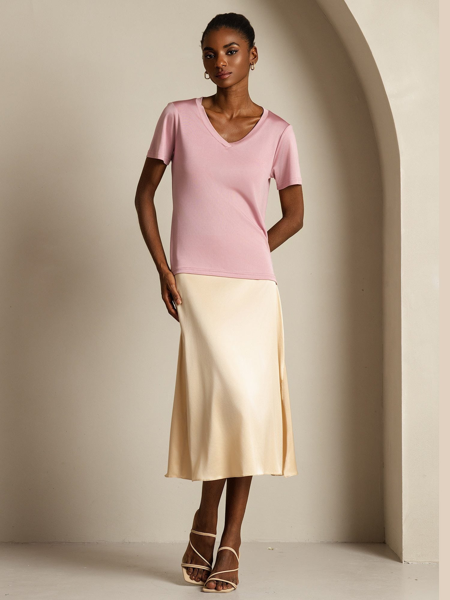 [PaleMauve] SilkSilky-UK Pure Silk V Neck Women's T-Shirt 009