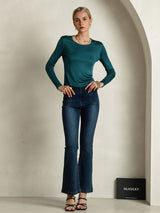[Posy Green] SilkSilky-UK Silk Jersey Long Sleeve Round Neck Women's T-Shirt 006