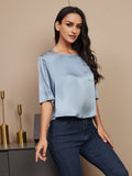 SilkSilky UK Pure Silk Half Sleeve Boat Neck Women's T Shirt GrayishBlue 003