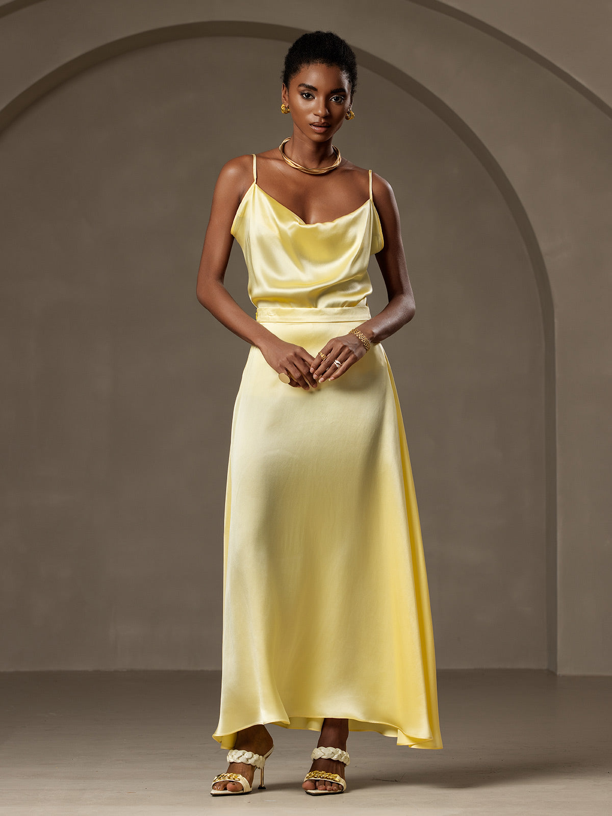 [Light Yellow] SilkSilky-UK 19Momme Stretch Silk Charmeuse Skirt 003