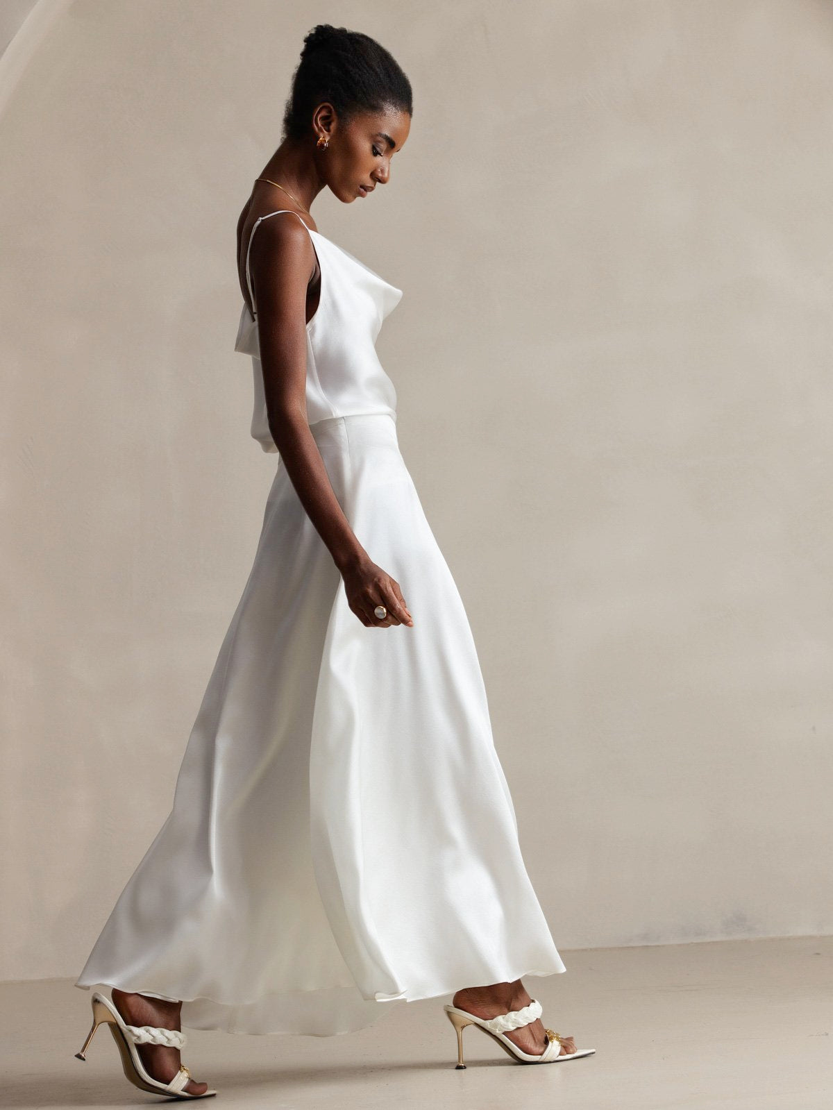 [White] SilkSilky-UK 19Momme Stretch Silk Charmeuse Spaghetti Strap Cowl Neck Camisole 005