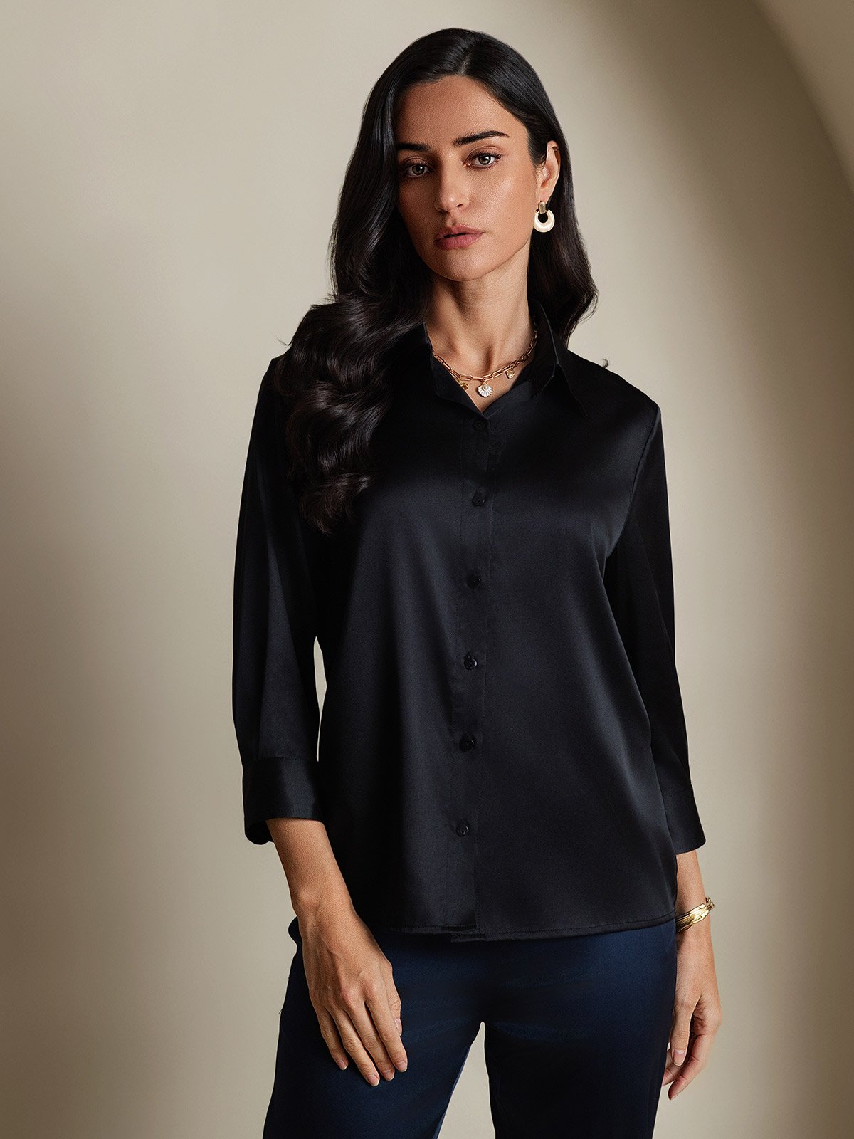 SilkSilky-UK 19Momme Silk Long Sleeve Lapel Women's Shirt Black 001