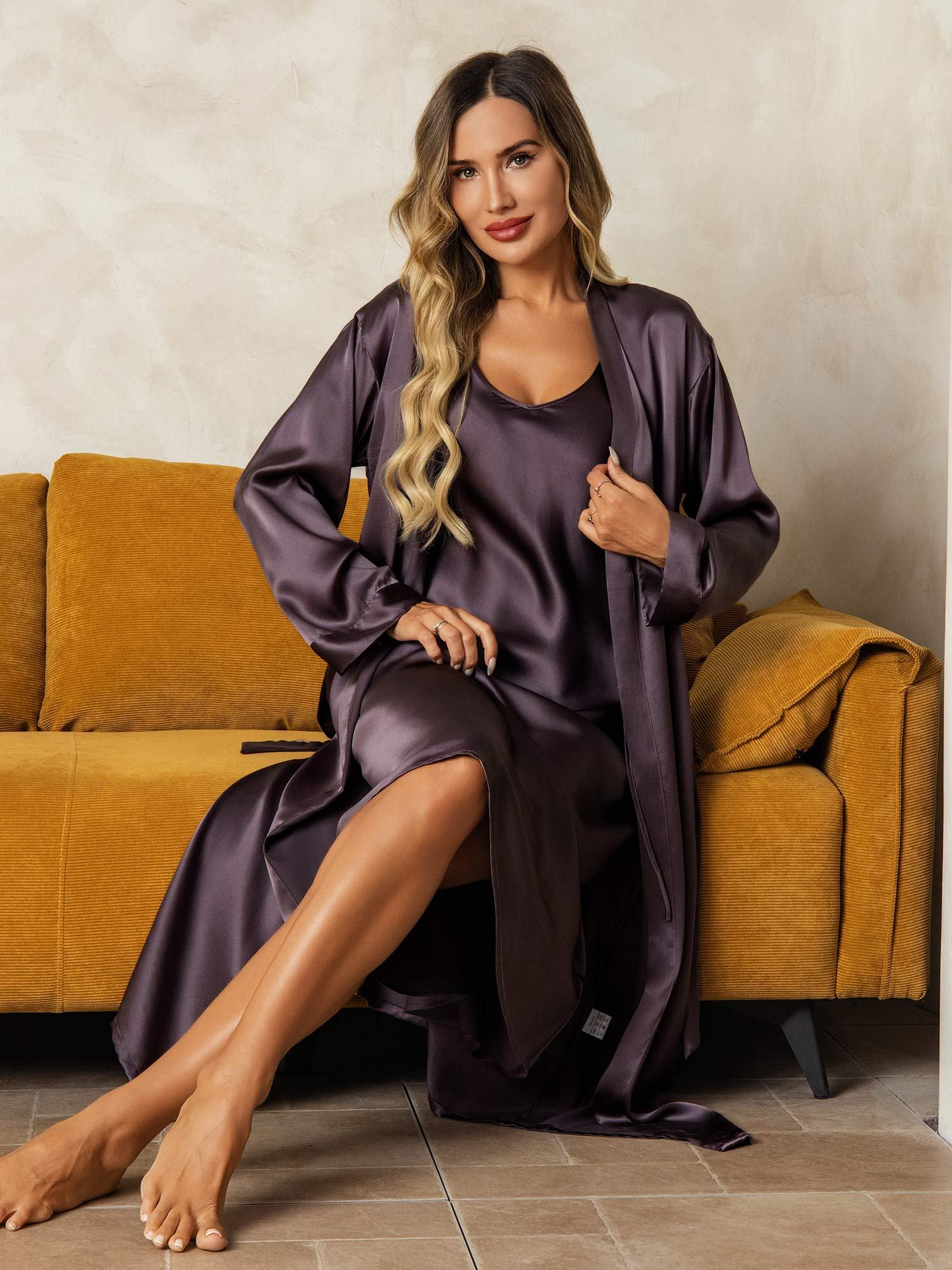 [Purple Gray] SilkSilky-UK Long Sleeve V Neck Nightdress&Dressing gowns 007
