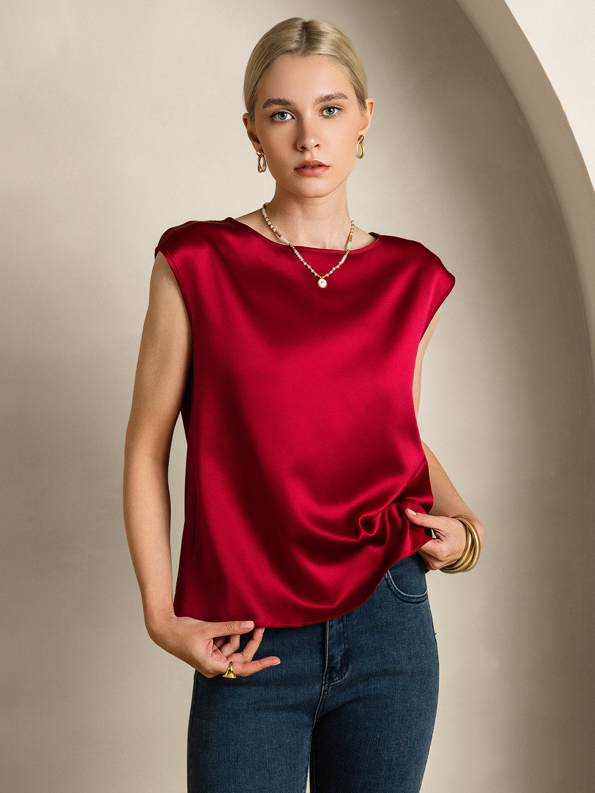 SilkSilky-UK 19Momme Silk Sleeveless Round Neck Women's T-Shirt Wine 005