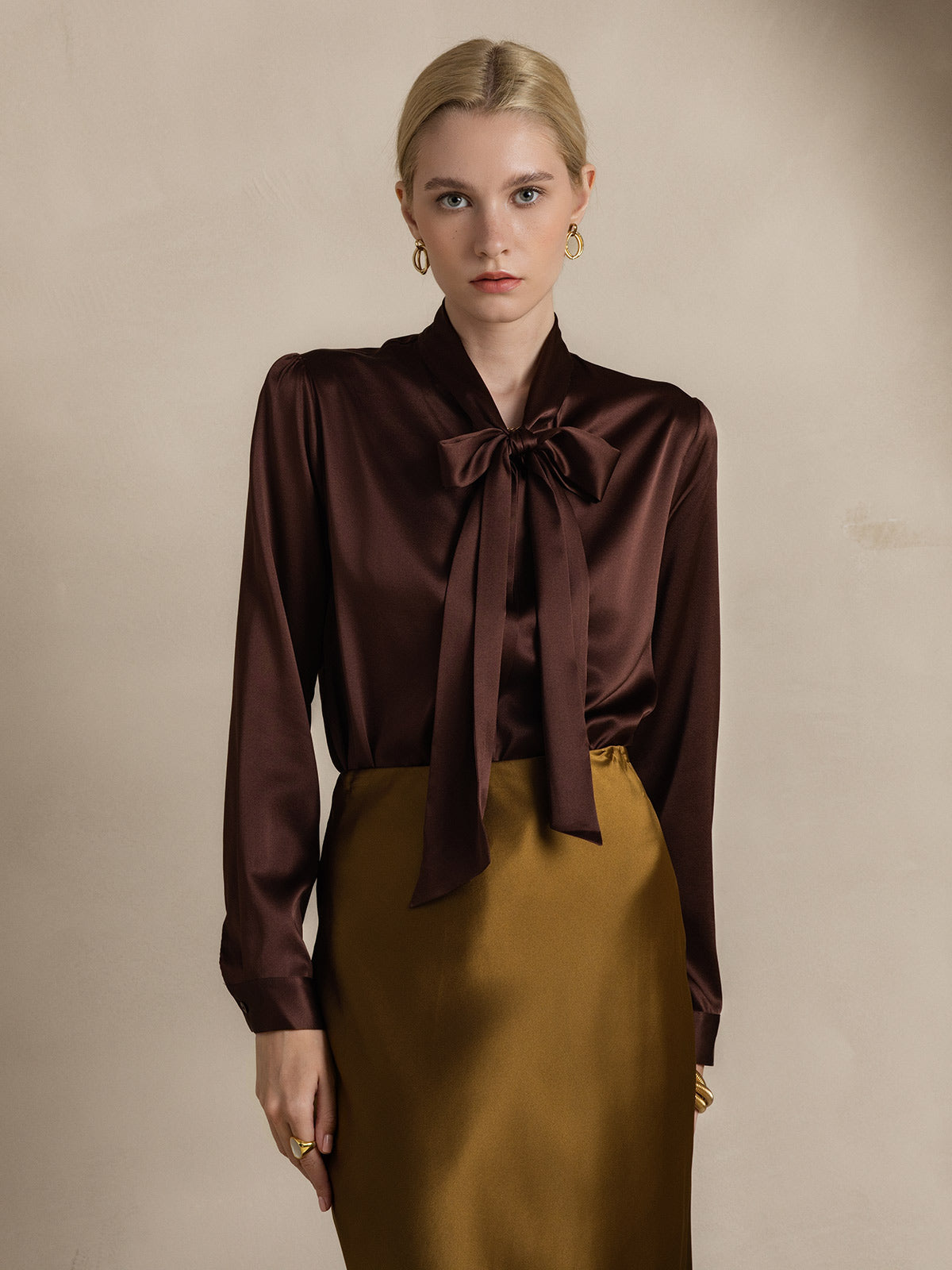 [Coffee] SilkSilky-UK 19Momme Silk Long Sleeve Tie Neck Women's Shirt 003