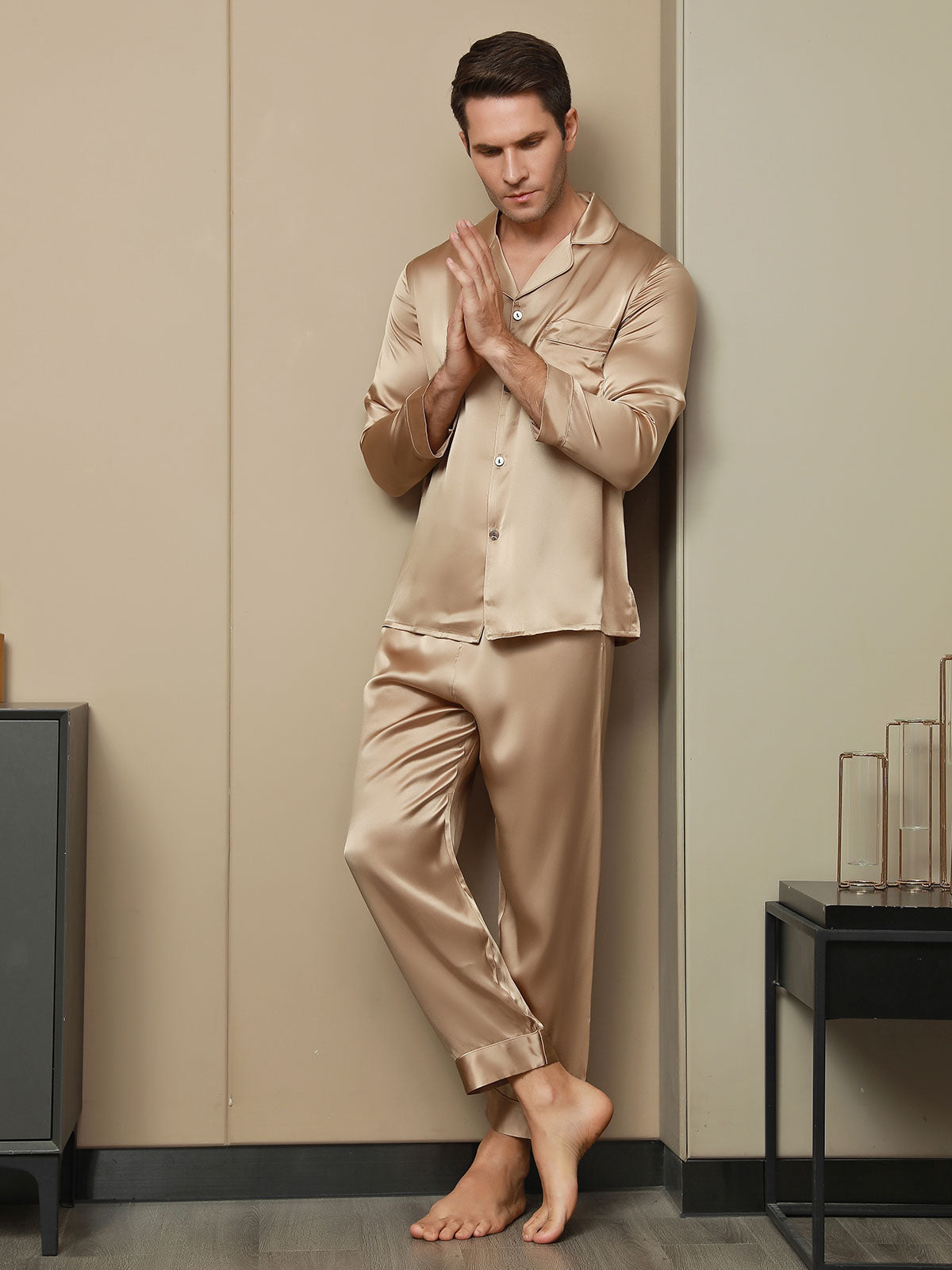 SilkSilky UK Pure Silk Long Sleeve Lapel Men's Pyjamas Champagne 003