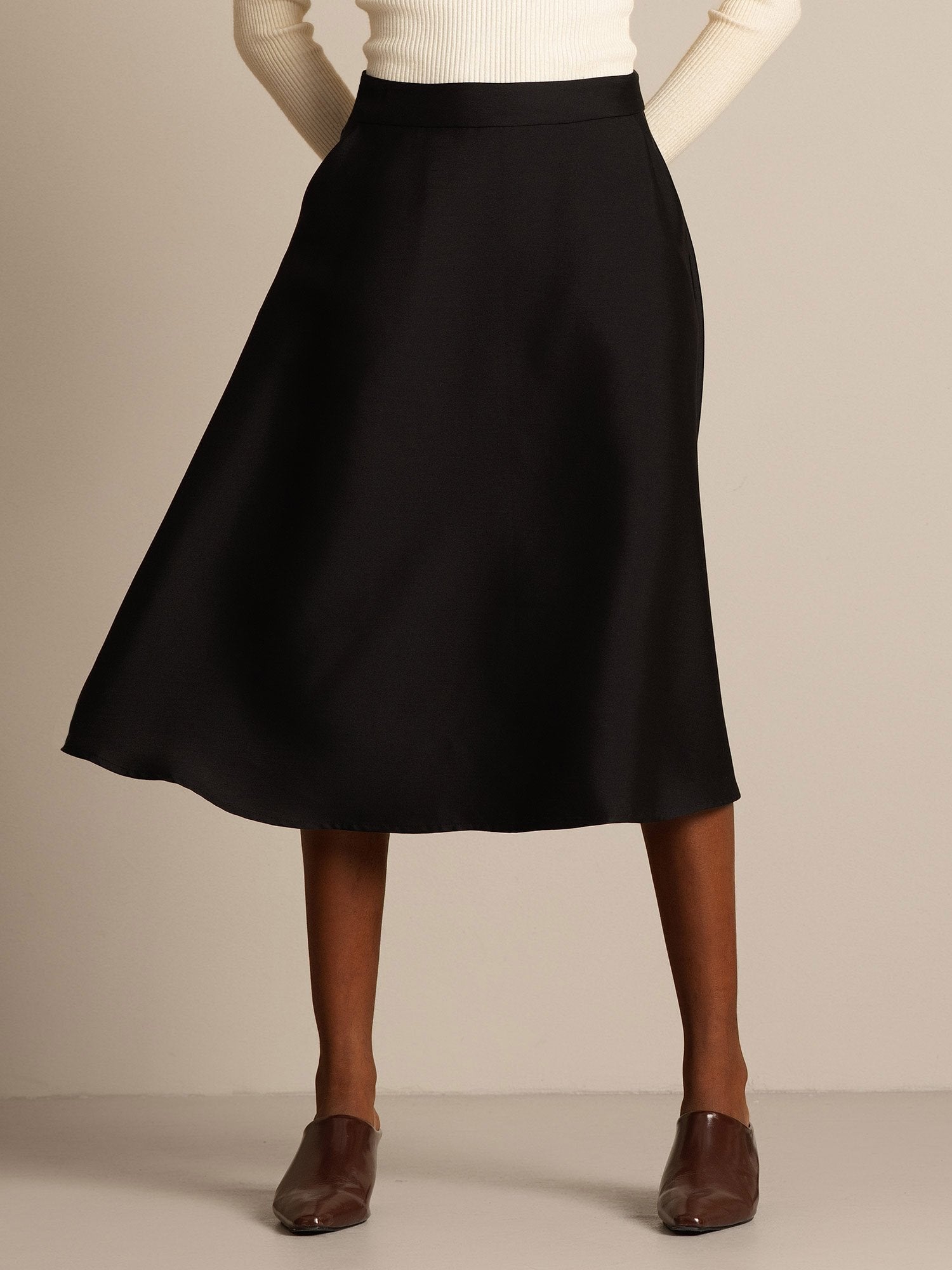 [Black] SilkSilky-UK 32Momme Silk-Wool Blend Skirt 006,