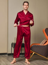 [Red] SilkSilky-UK Long Sleeve Notch Collar Men's Pyjamas 007
