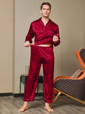 SilkSilky UK 19Momme Pure Silk Long Sleeve Lapel Men's Pyjamas Red 007