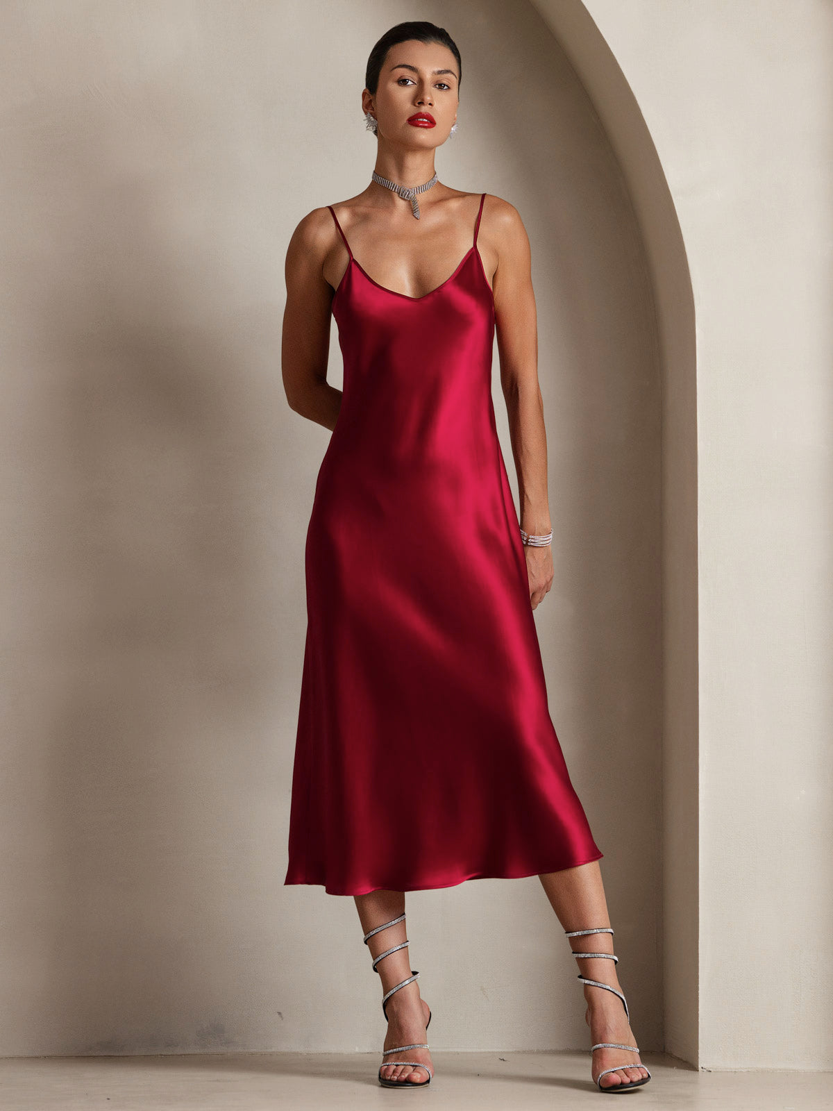 SilkSilky-UK Pure Silk Sleeveless Round Neck Dress Wine 001