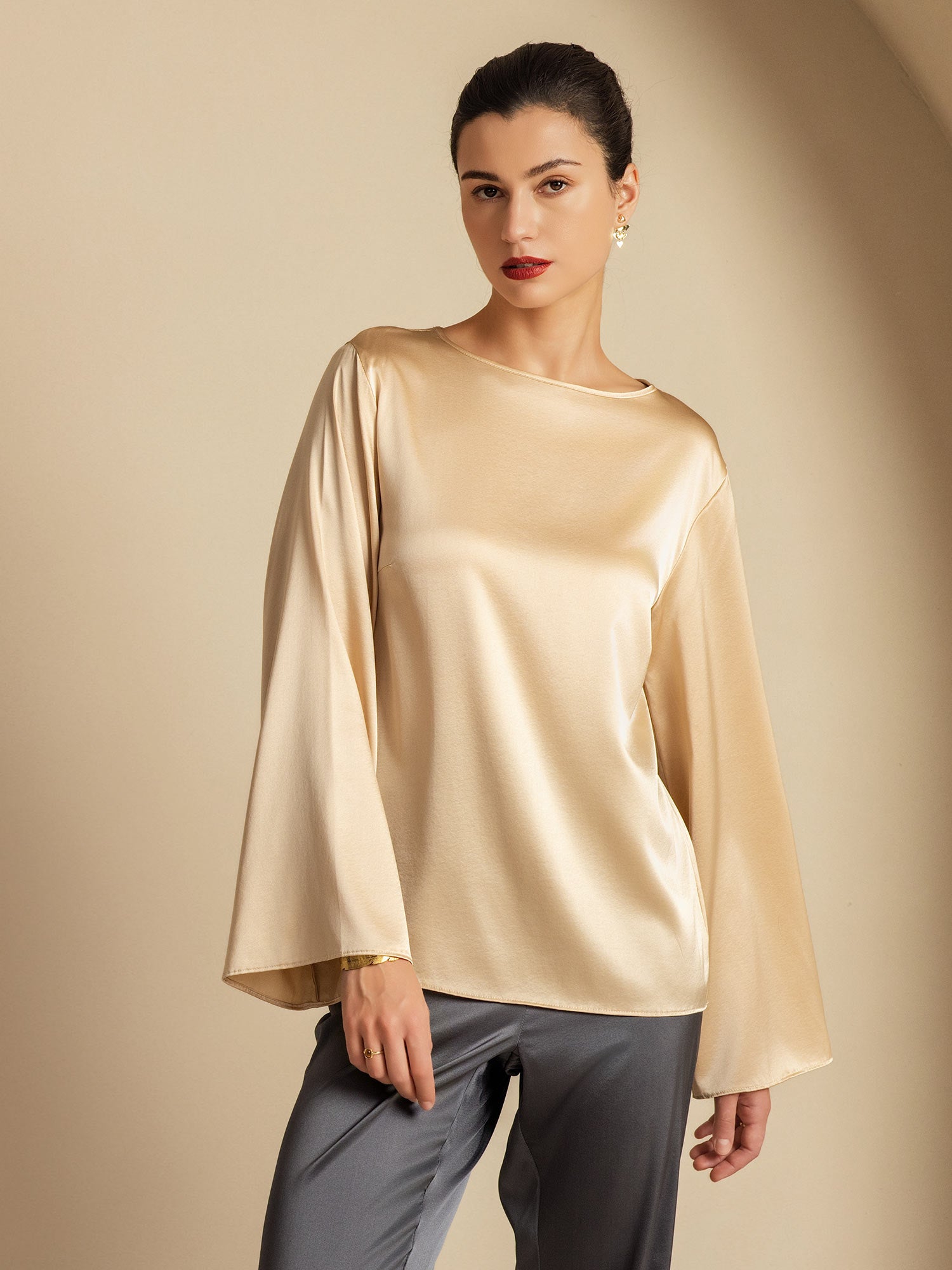 [Champagne] SilkSilky-UK 19Momme Silk Round Neck Women's T-Shirt 006