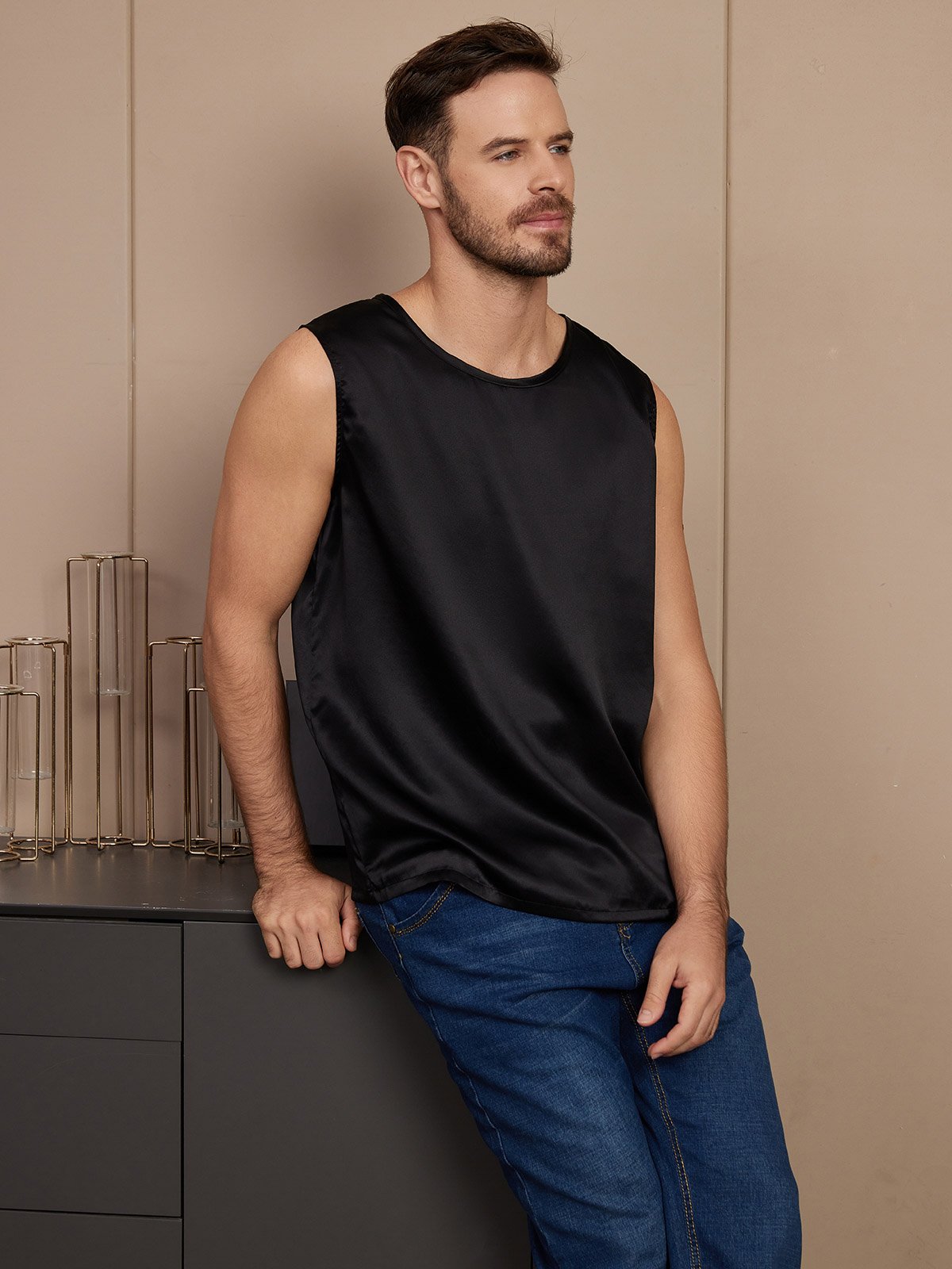 SilkSilky UK Pure Silk Sleeveless Mens T Shirt Black 004