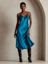 [Teal] SilkSilky-UK Spaghetti Strap V Neck Dress 006