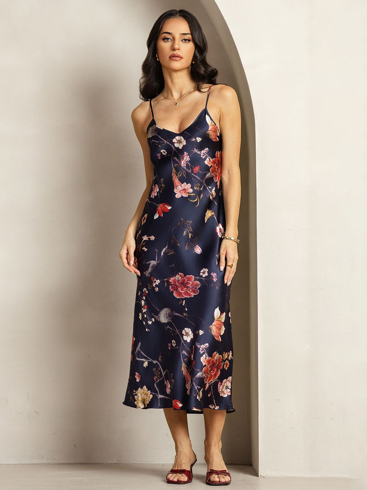 [Navy Floral] SilkSilky-UK 19Momme Silk V Neck Dress 001