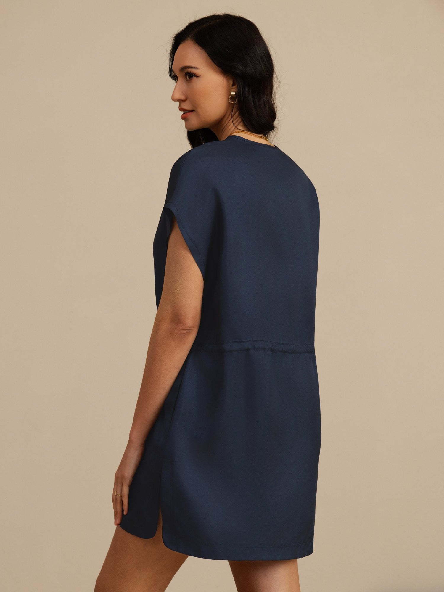 [Dark Blue] SilkSilky-UK 18Momme Silk Satin Surah Cap Sleeve Henley Neck Dress 002