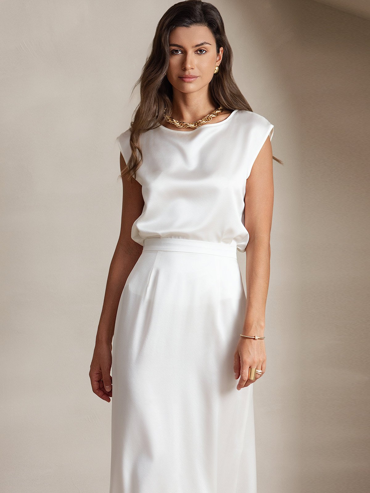 [White] SilkSilky-UK 19Momme Silk Round Neck Women's T-Shirt 003