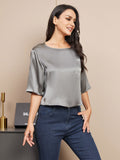 SilkSilky UK Pure Silk Half Sleeve Boat Neck Women's T Shirt DarkGray 001