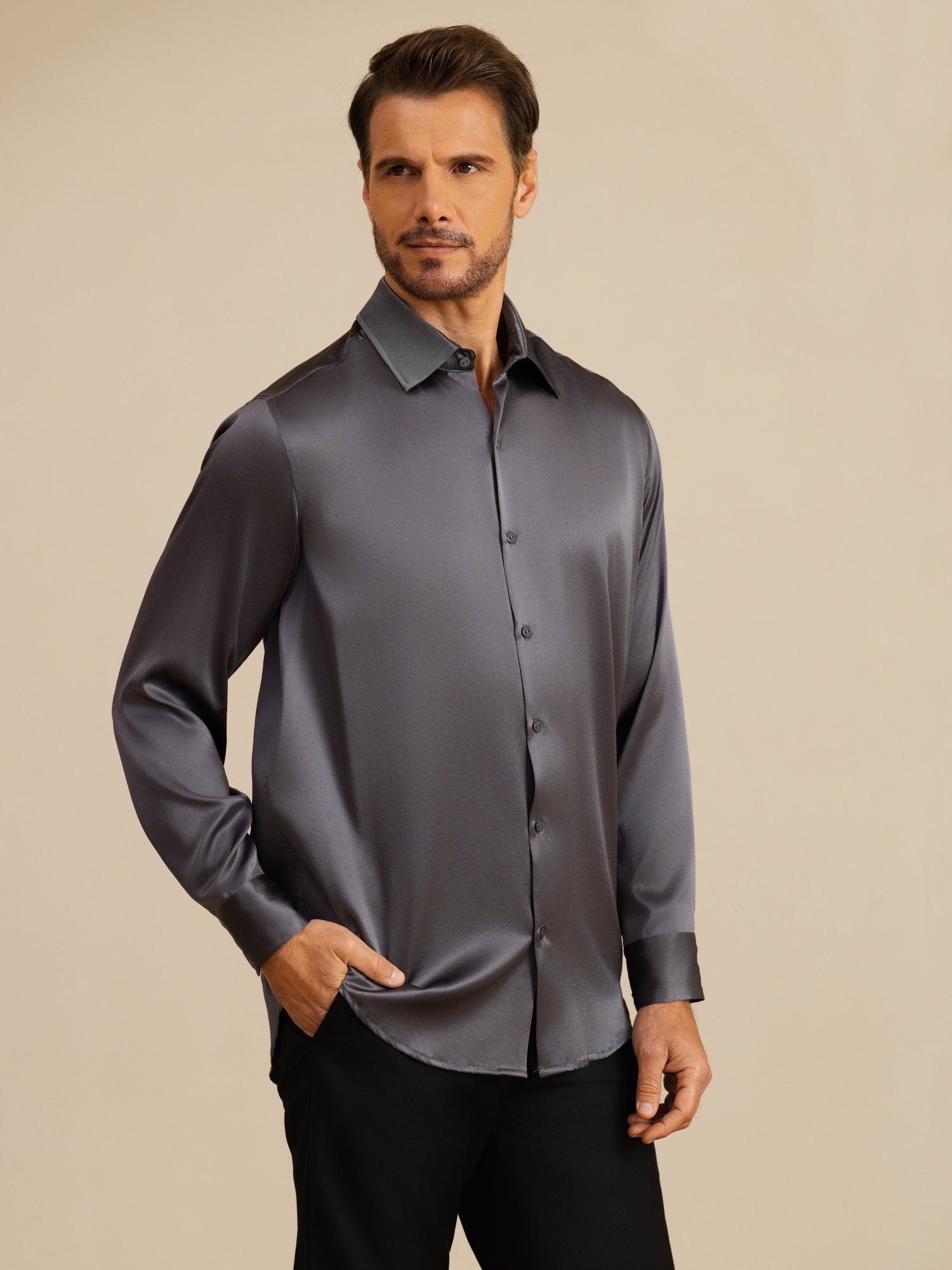 [Dark Gray] SilkSilky-UK 19Momme Stretch Silk Charmeuse Long Sleeve Lapel Collar Men's Shirt 005