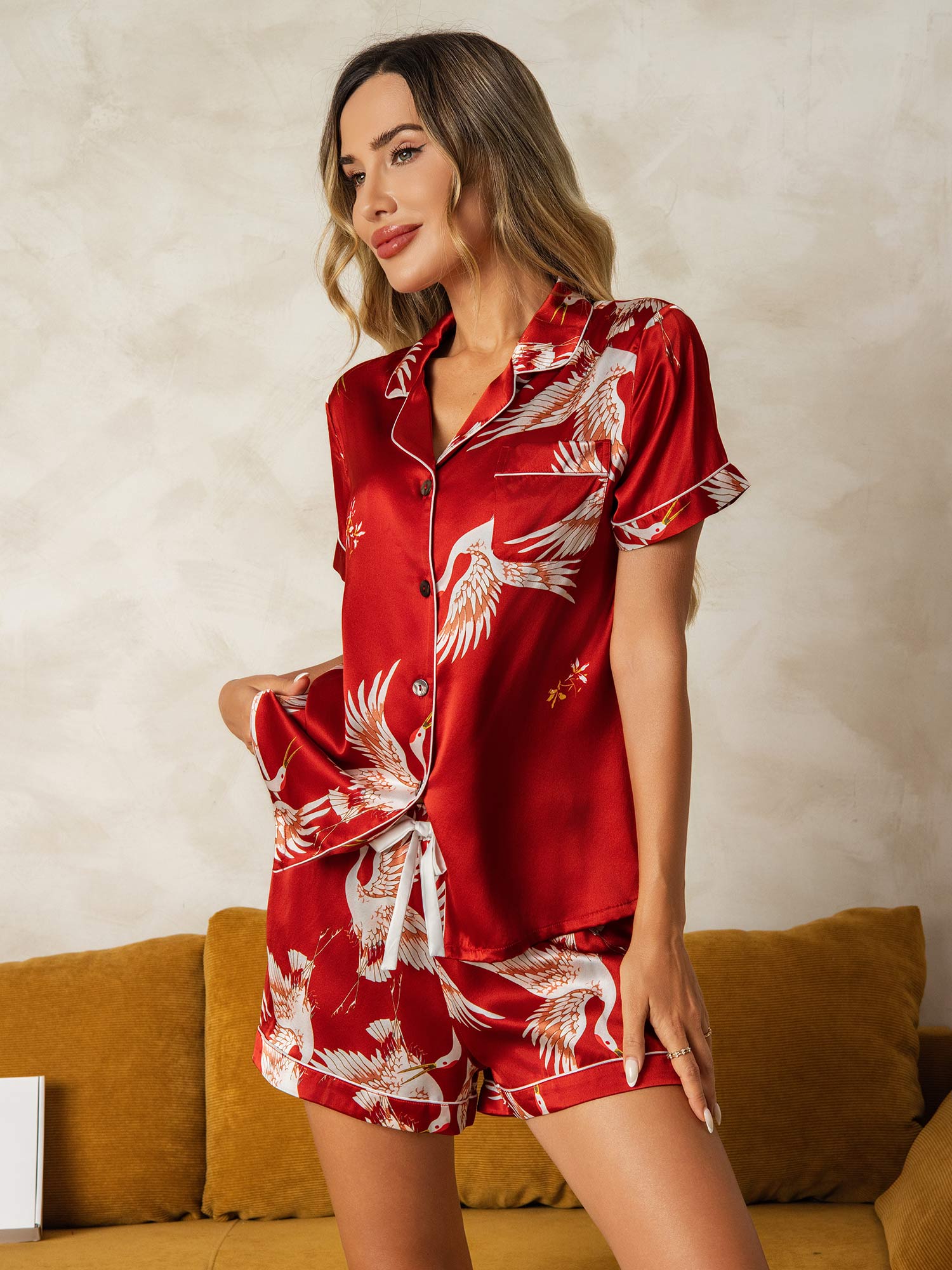 [Dark Red] SilkSilky-UK 19Momme Pure Silk Short Sleeve Notch Collar Women's Pyjamas 005
