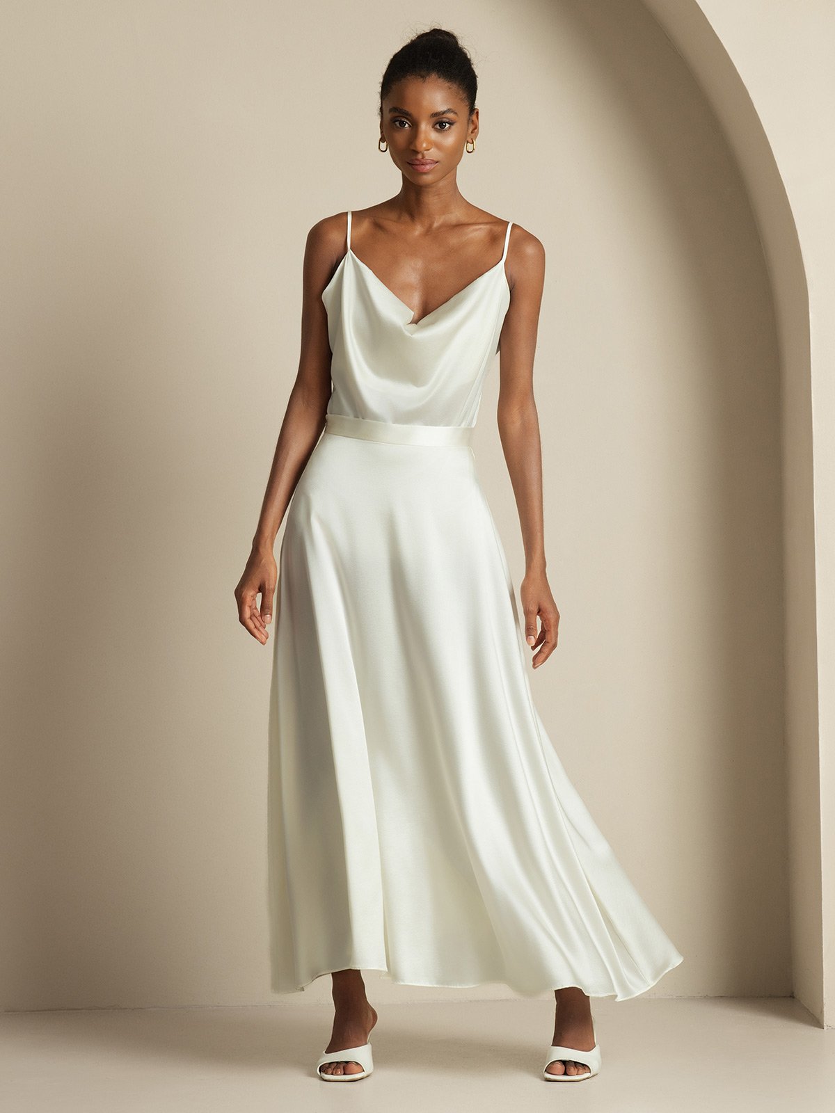 [White] SilkSilky-UK 19Momme Silk Knitted Cowl Neck Women''s Outfit Sets 001,