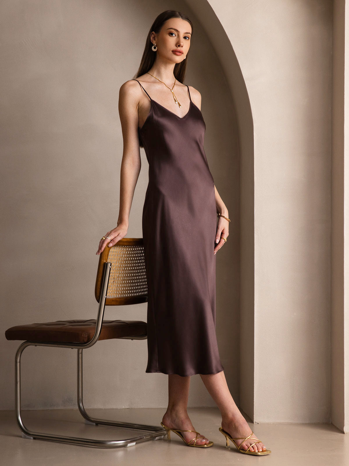 SilkSilky-UK Pure Silk Sleeveless Round Neck Dress Coffee 007