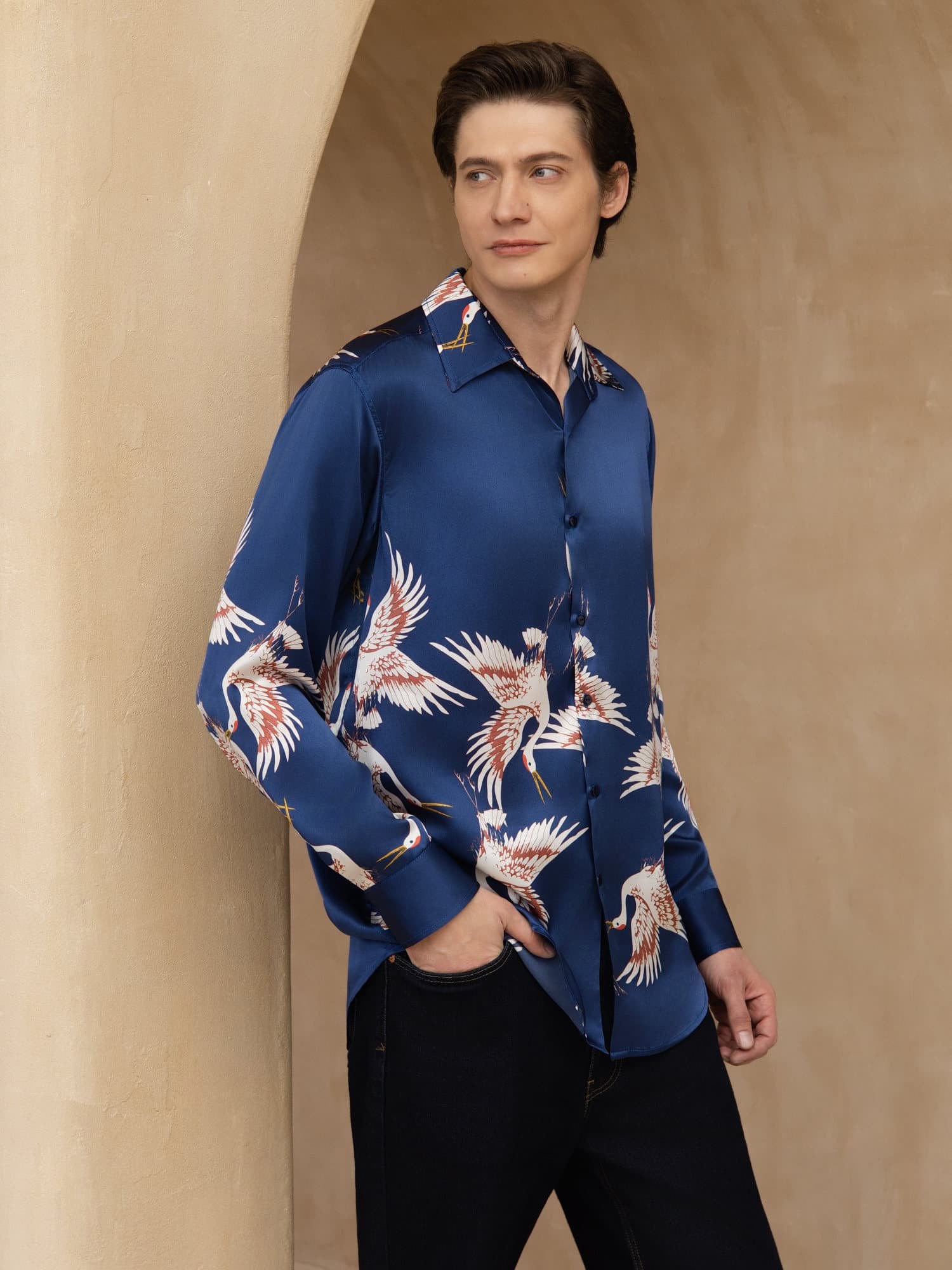 [Dark Blue] SilkSilky-UK 19Momme Long Sleeve Lapel Collar Men's Shirt 005