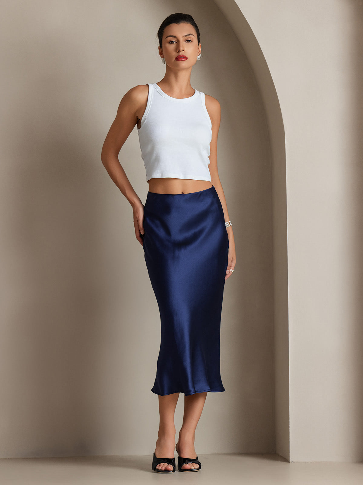 [Dark Blue] SilkSilky-UK 19Momme Pure Silk Skirt 004,