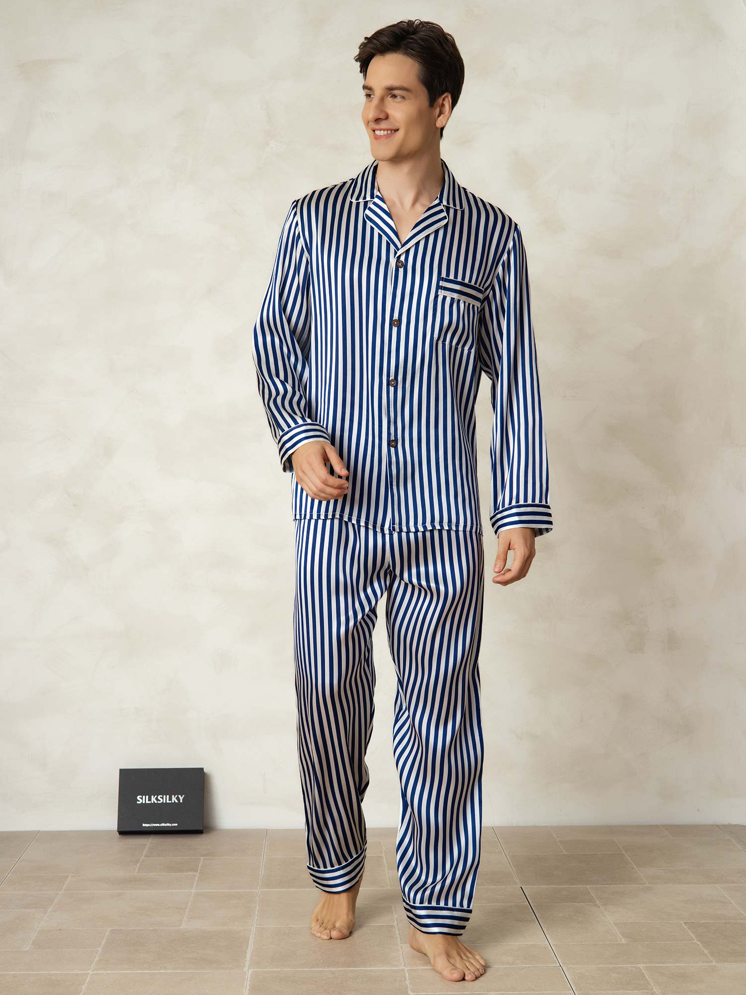 [Navy Stripe] SilkSilky-UK 19Momme Pure Silk Mens Pajamas 001