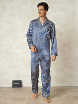 [Navy Stripe] SilkSilky-UK 19Momme Pure Silk Mens Pajamas 001,