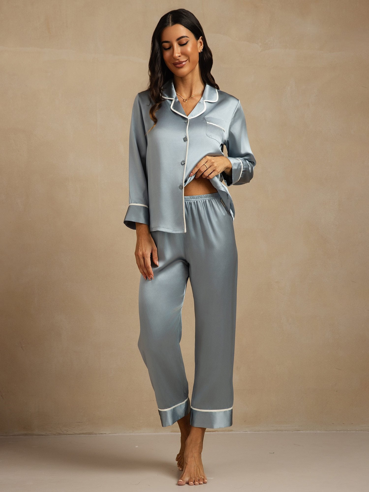 [GrayishBlue] SilkSilky-UK Pure Silk Collar Women's Pyjamas 001