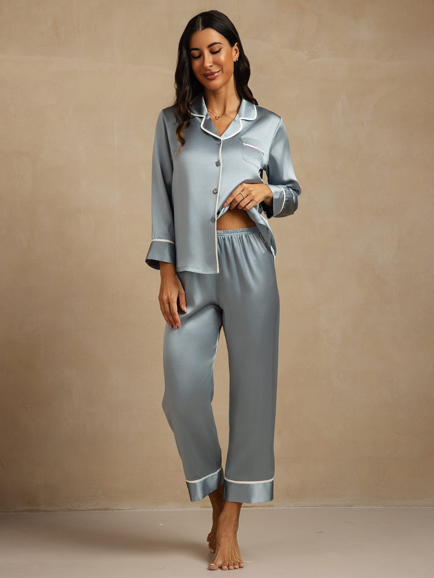[Grayish Blue] SilkSilky-UK Long Sleeve Notch Collar Women's Pyjamas 001
