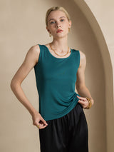 [Dark Green] SilkSilky-UK 100% Silk Jersey Sleeveless Round Neck Women's T-Shirt 003