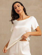 [White] SilkSilky-UK 19Momme Machine-Washable Silk Short Sleeve Women's Pyjamas 008