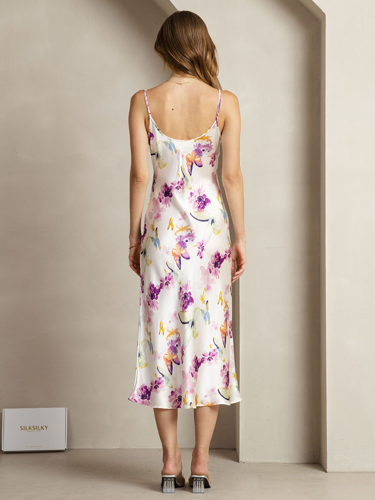[Watercolor Floral] SilkSilky-UK 19Momme Silk V Neck Dress 002