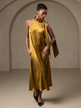 [Brown] SilkSilky-UK Sleeveless Tie Neck Dress 001