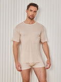 SilkSilky-UK Silk Knitted Short Sleeve Round Neck Men's T-Shirt Beige 004