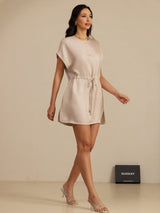 [Tan] SilkSilky-UK 18Momme Silk Satin Surah Cap Sleeve Henley Neck Dress 006