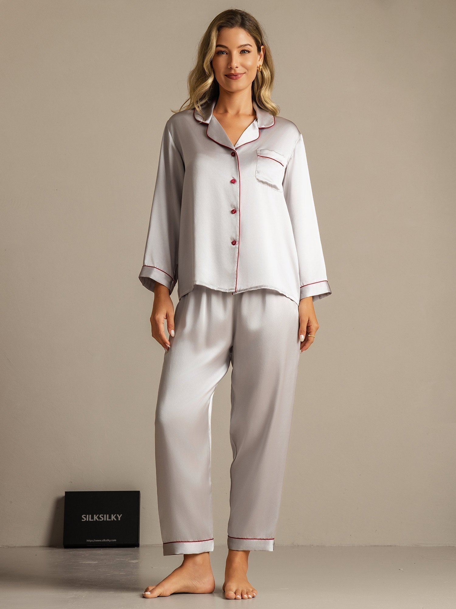 [Silver] SilkSilky-UK Long Sleeve Notch Collar Women's Pyjamas 001