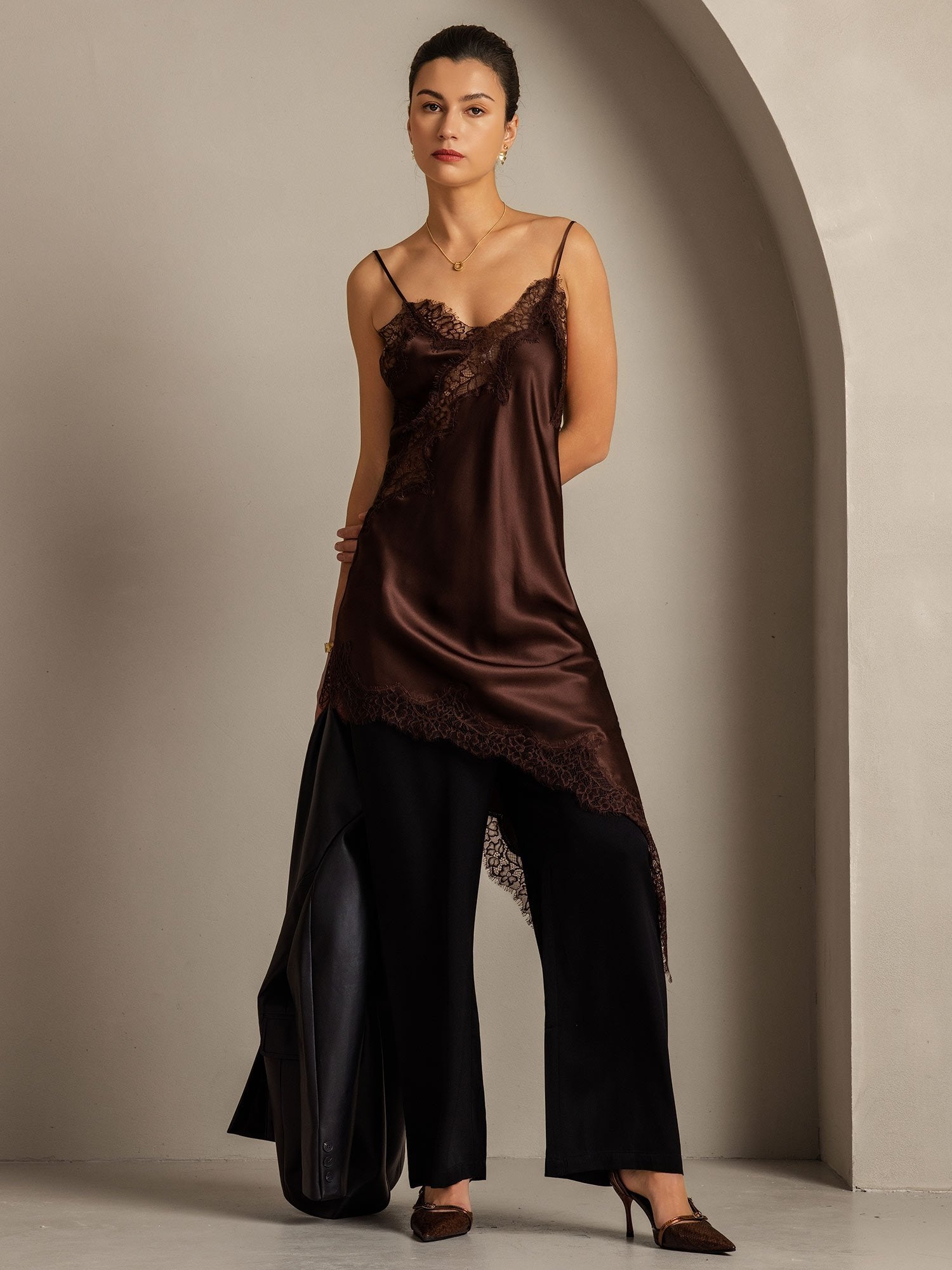 [Brown] SilkSilky-UK Pure Silk Asymmetric Dress 009