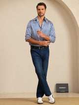 [Navy Stripe] SilkSilky-UK 19Momme Stretch Silk Charmeuse Long Sleeve Lapel Collar Men's Shirt 008