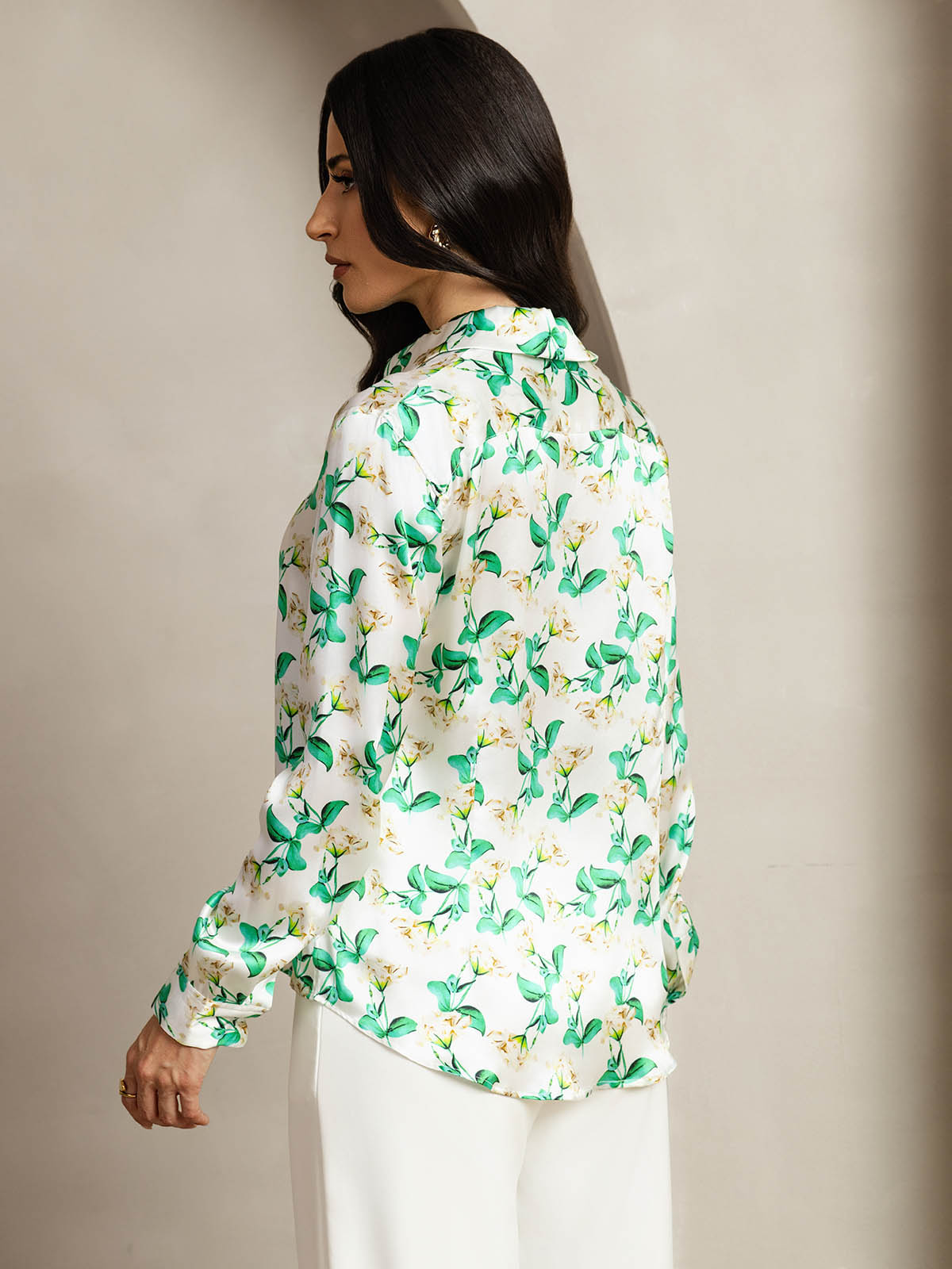 [Green Floral] SilkSilky-UK Silk Long Sleeve Collar Women's Shirt 002