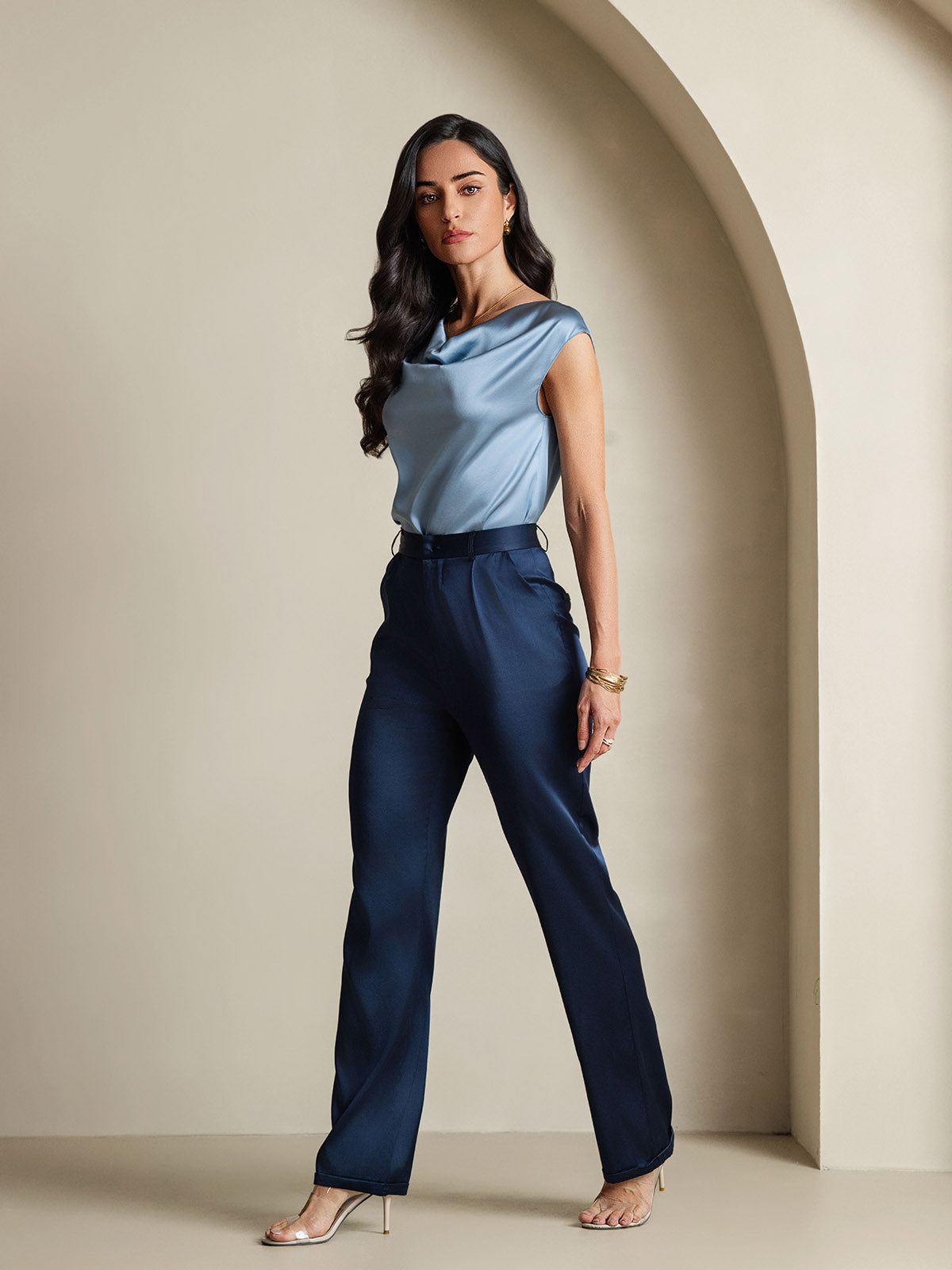 [Grayish Blue] SilkSilky-UK 19Momme Silk Cap Sleeve Cowl Neck Women's T-Shirt 008