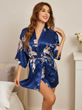 SilkSilky-UK 19Momme Pure Silk 3/4 Sleeve V Neck Women's Dressing Gown DarkBlue 006