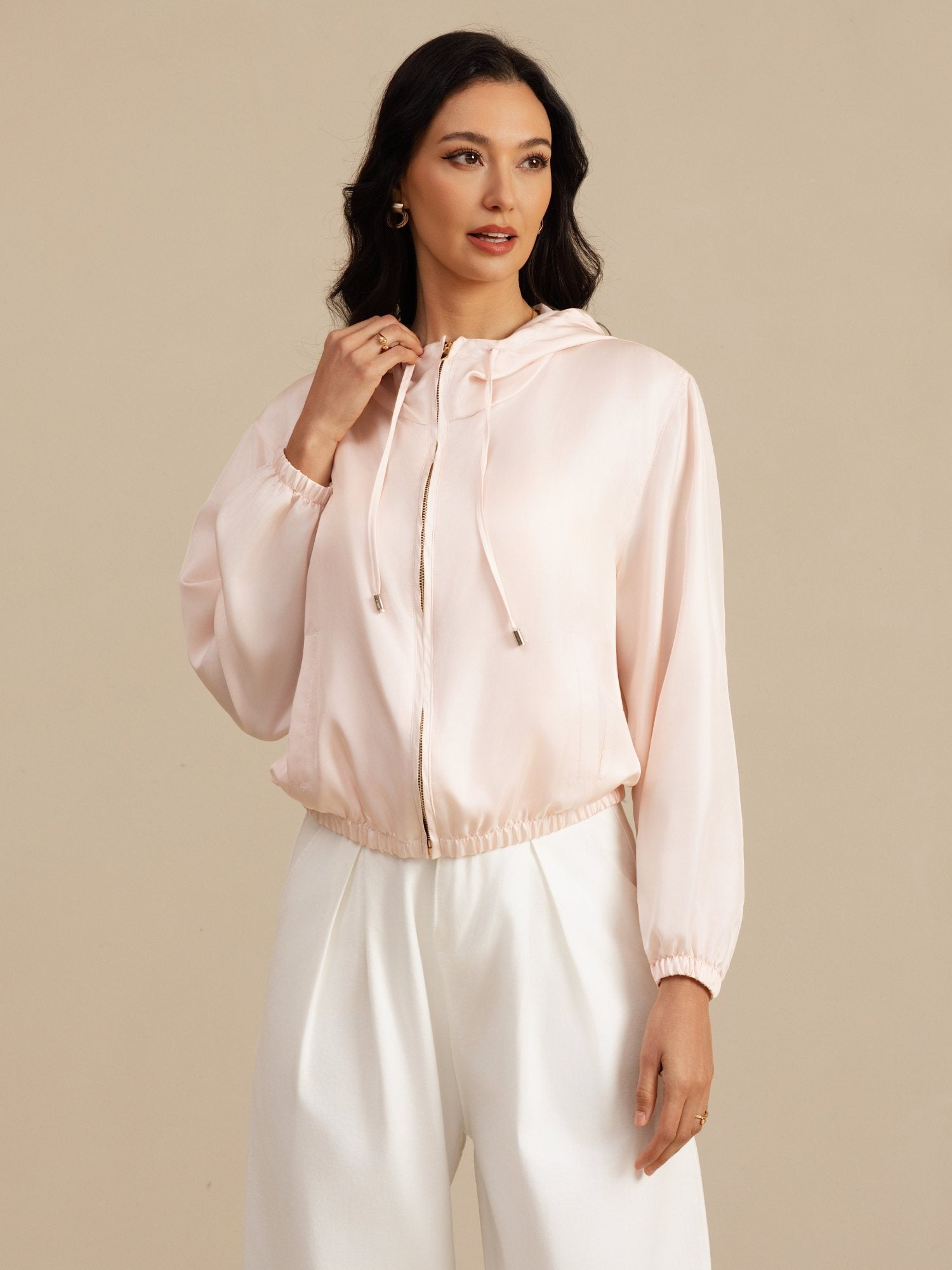 [Pink] SilkSilky-UK 18Momme Silk Satin Surah Long Sleeve Stand Collar Women's Outerwear 004