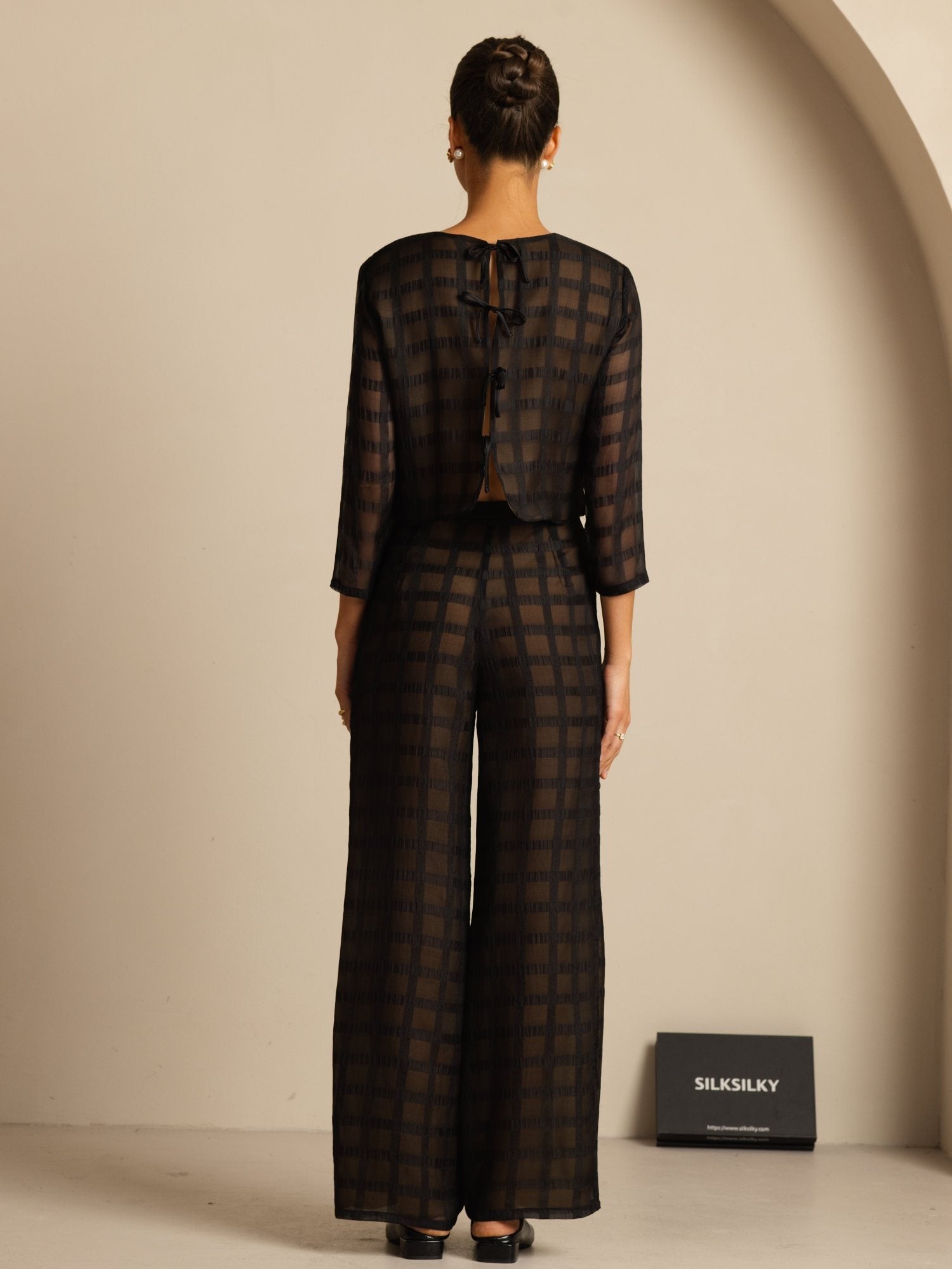 [Black] SilkSilky-UK Pure Silk Long Sleeve Round Neck Women''s Outfit Sets 002