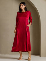 [Wine] SilkSilky-UK 3/4 Sleeve Round Neck Dress 001