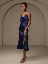[Dark Blue] SilkSilky-UK Spaghetti Strap Cowl Neck Dress 003