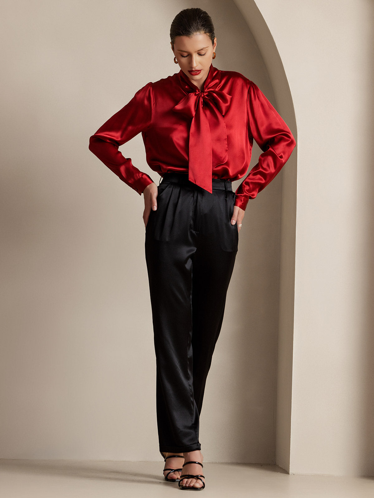 [Wine] SilkSilky-UK 19Momme Silk Long Sleeve Tie Neck Women's Shirt 007
